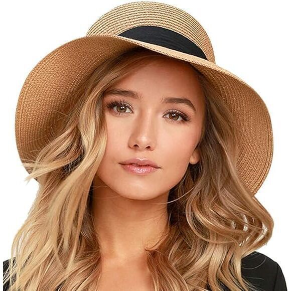 WOMENS BEACH SUN STRAW HAT UV UPF 80+ TRAVEL FOLDABLE BRIM SUMMER UV HAT PURE